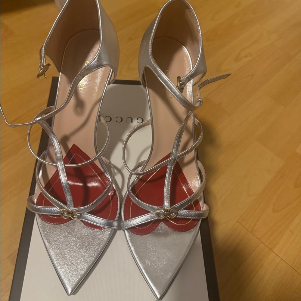 Gucci Silver Strappy Heels with Red Accents